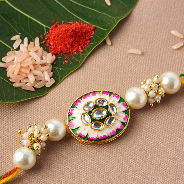 White Flower Motif Pearl Rakhi - Uncommongifts.in