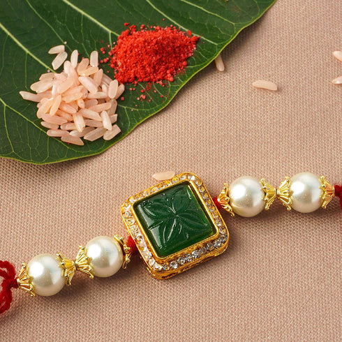 Gold Bordered Green Crystal Rakhi - Uncommongifts.in