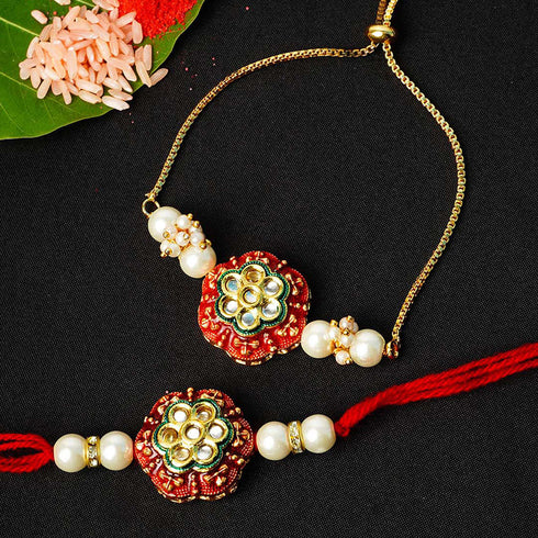 Red Crystal Studded Flower Rakhi Set of 2 - Uncommongifts.in