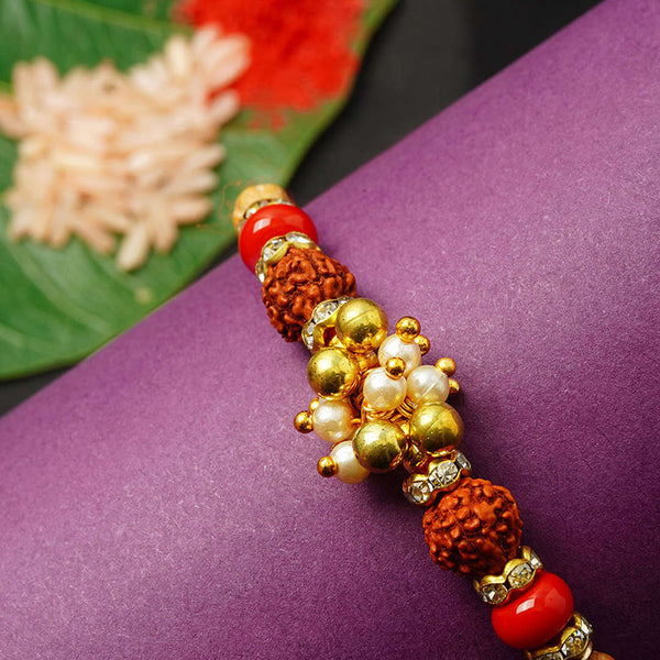 Gold Beaded Rudraksh Rakhi - Uncommongifts.in