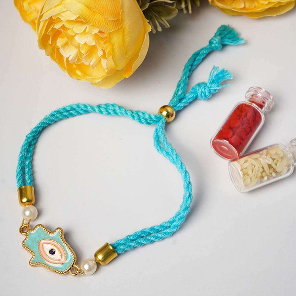 Light Blue & White Hamsa Hand Rakhi - Uncommongifts.in