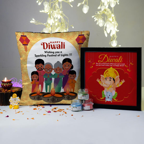 Lord Ganesha Idol Candle Frame Cushion Diwali Combo - Uncommongifts.in