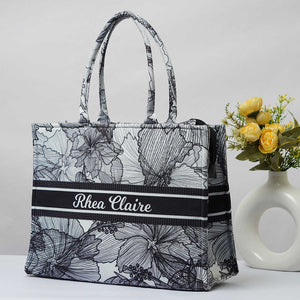 Grey Floral Printed Box Tote Bag