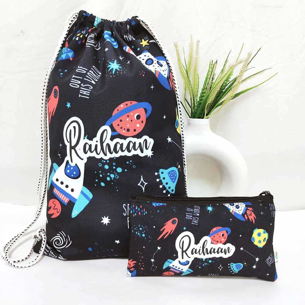 Personalised Space Drawstring Bag & Pencil Pouch Kids Combo