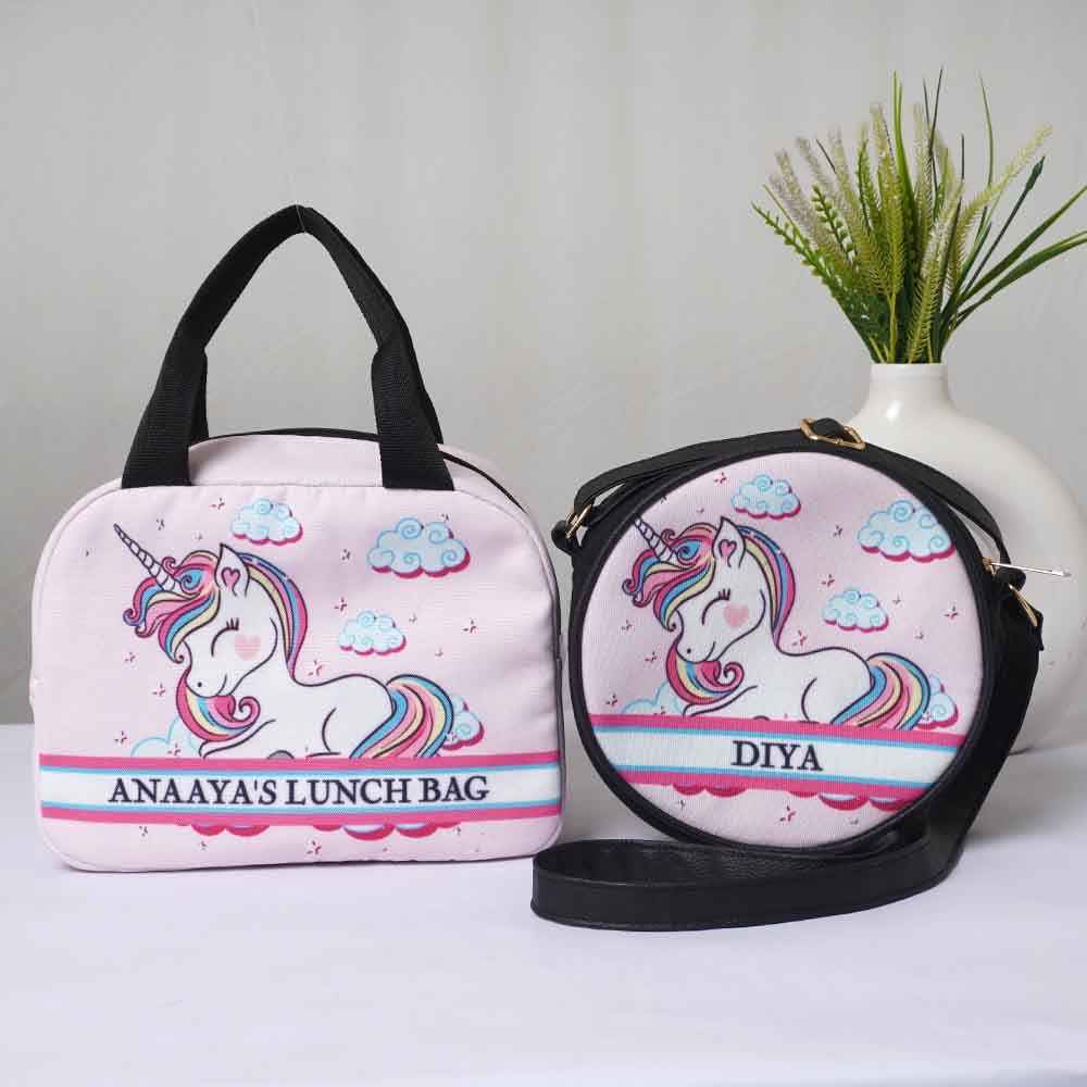 Personalised Unicorn Printed Kids Lunch Bag & Sling Bag Combo