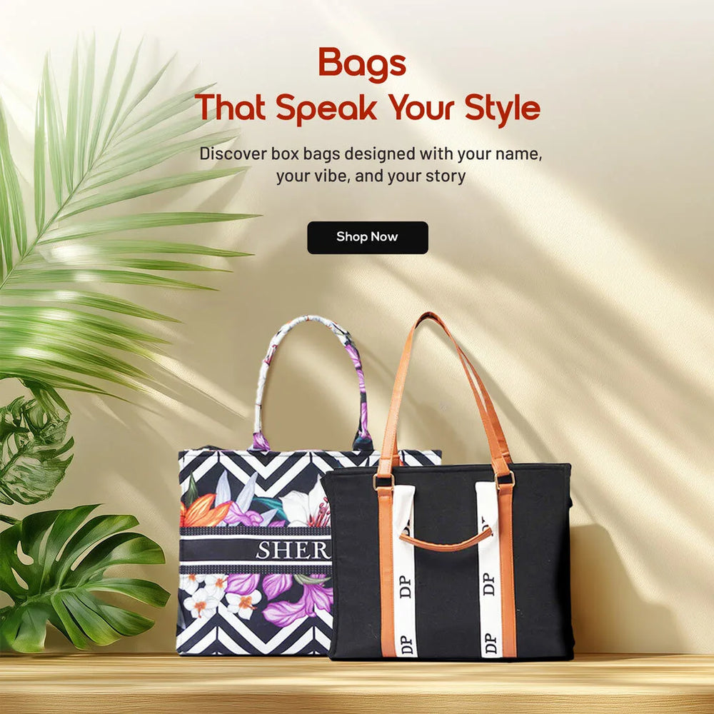 Two handbags on a wooden surface with a leafy background and promotional text.