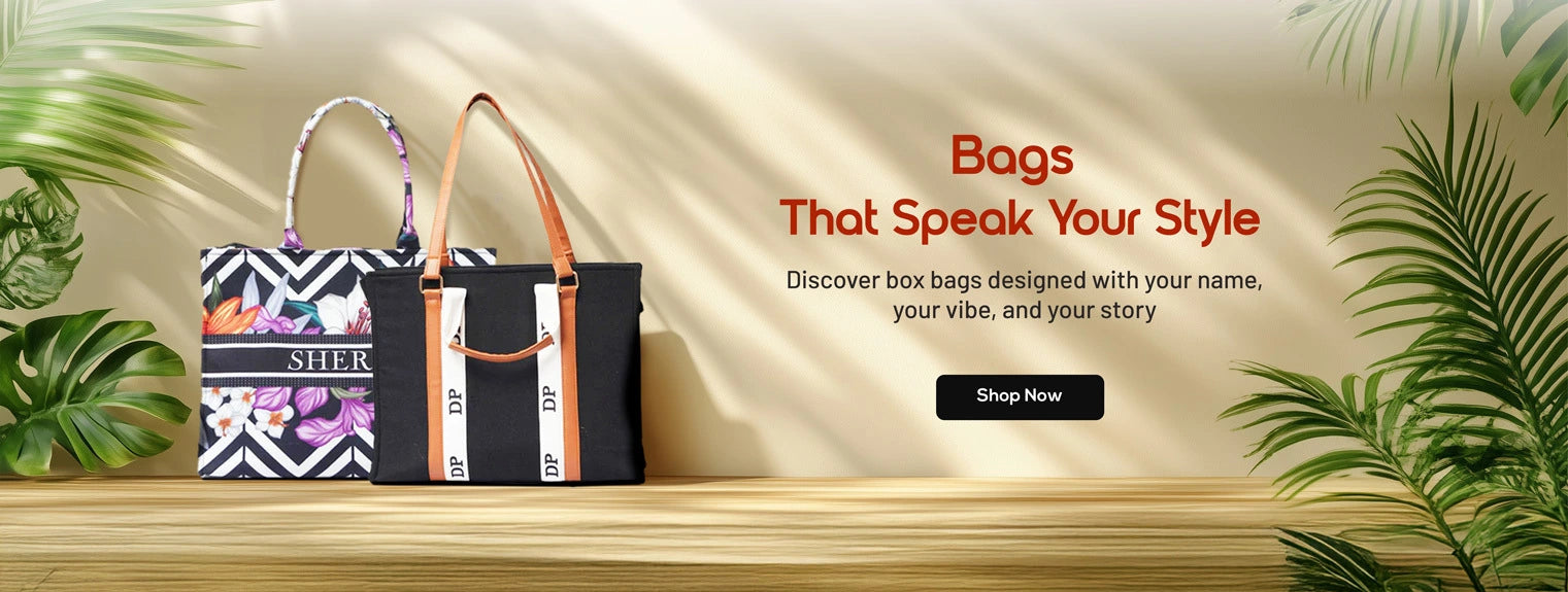Two handbags on a wooden surface with a promotional text about customizable bags.