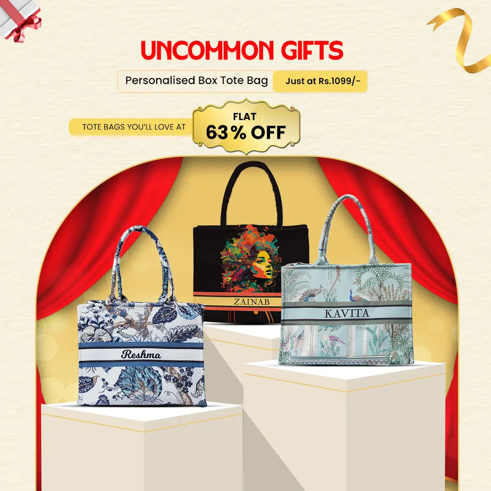 Personalised box tote bags with names on a promotional background with discounts.