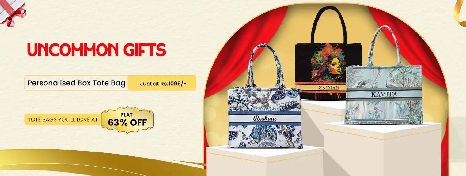 Promotional banner for 'Uncommon Gifts' with personalized tote bags and a discount offer.